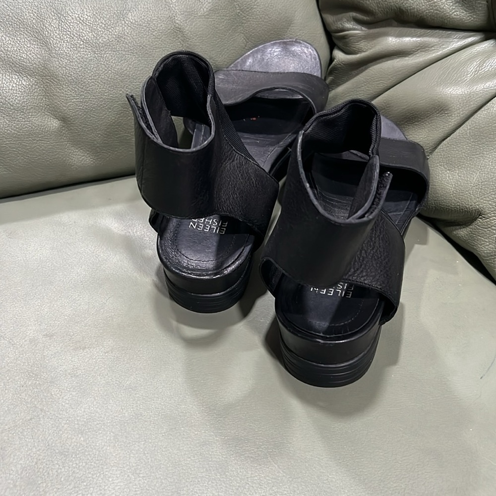 Eileen Fisher Spree Black Leather Platform Mesh Ankle Sandals - Picture 4 of 8